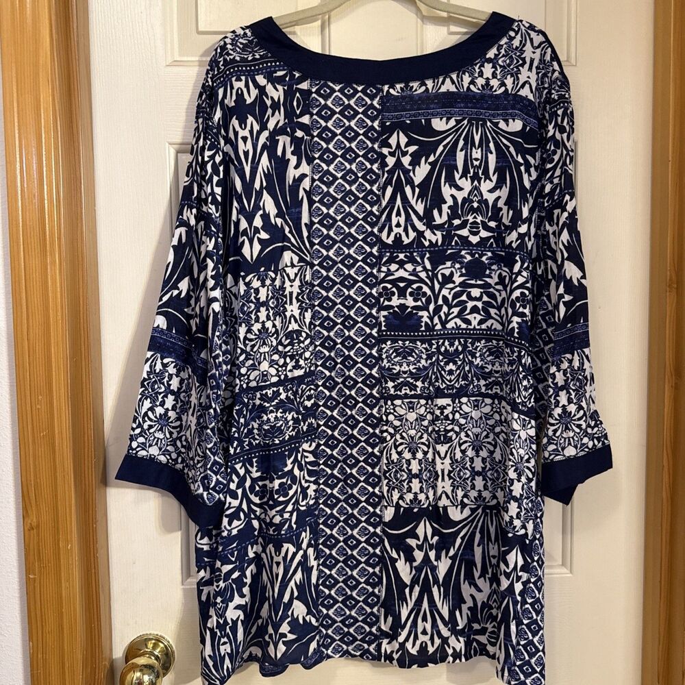 La Cera Womens Boho Patchwork Tunic Top Blue White Button Front NWT - Picture 2 of 4